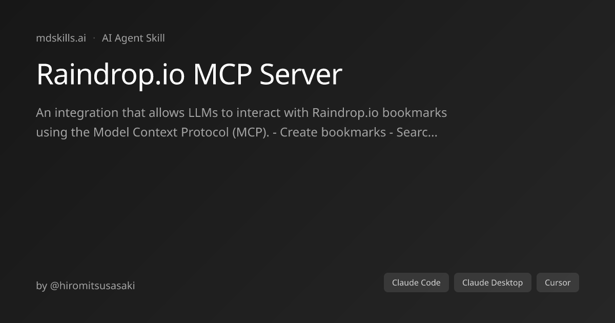 Raindrop.io MCP Server for Claude Code | mdskills.ai